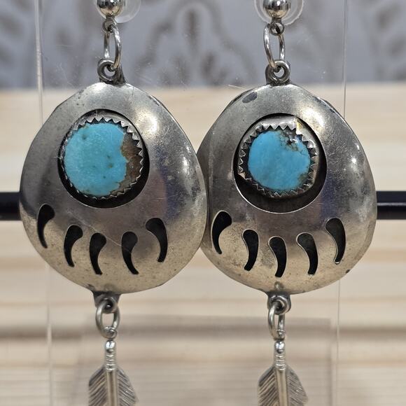 Silver Turquoise Bear Paw Feather Dangle Earrings Native American Tribal - Picture 11 of 13